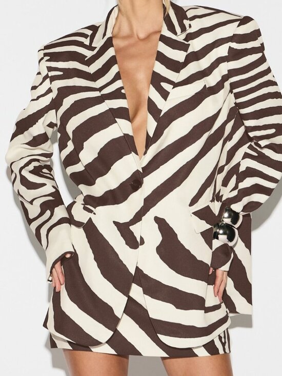 MODA ME COUTURE Jackets & Blazers - Chocolate Brown Elegant Women's Zebra Print Oversized Blazer with Lapel Collar